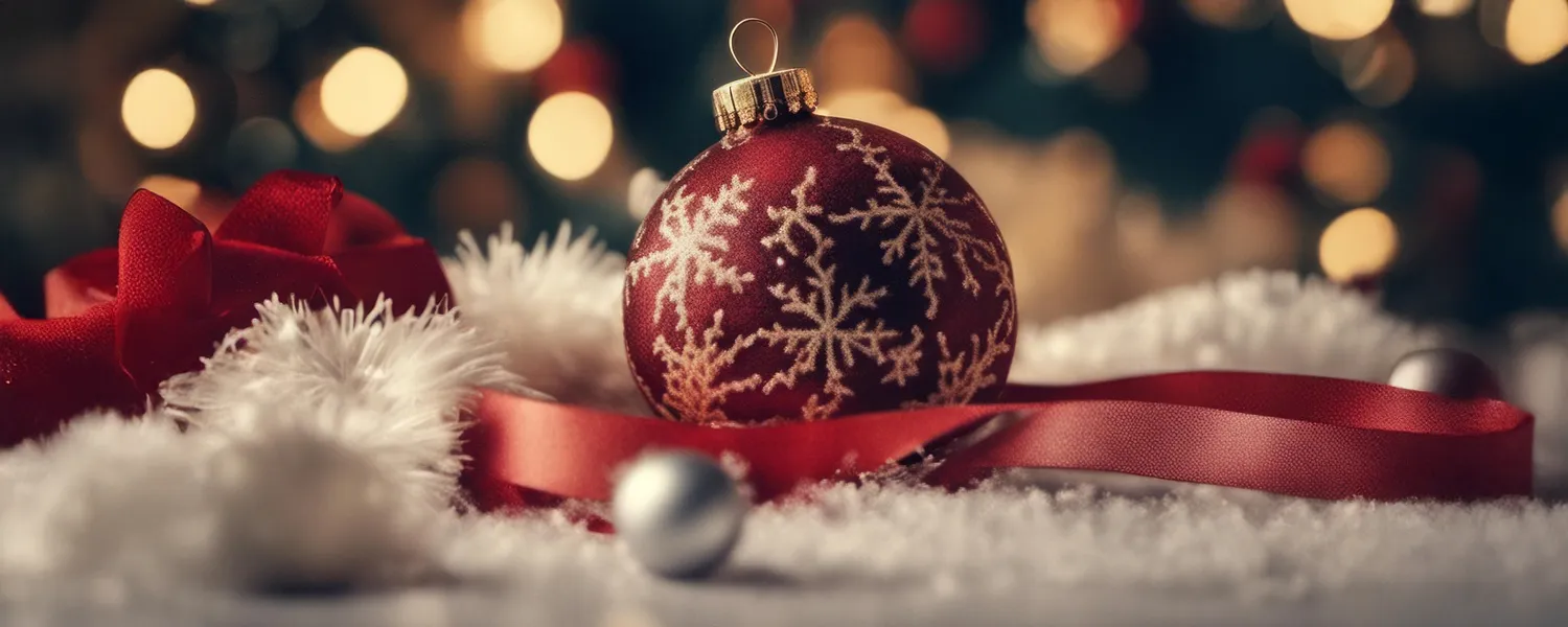Christmas ornament lying with ribbons and fake snow with lights lingering in the background