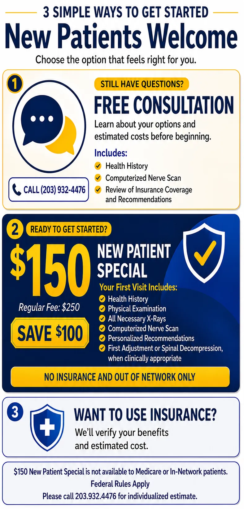 New patient chiropractic options in Milford, CT, including a free consultation and $150 first visit special.